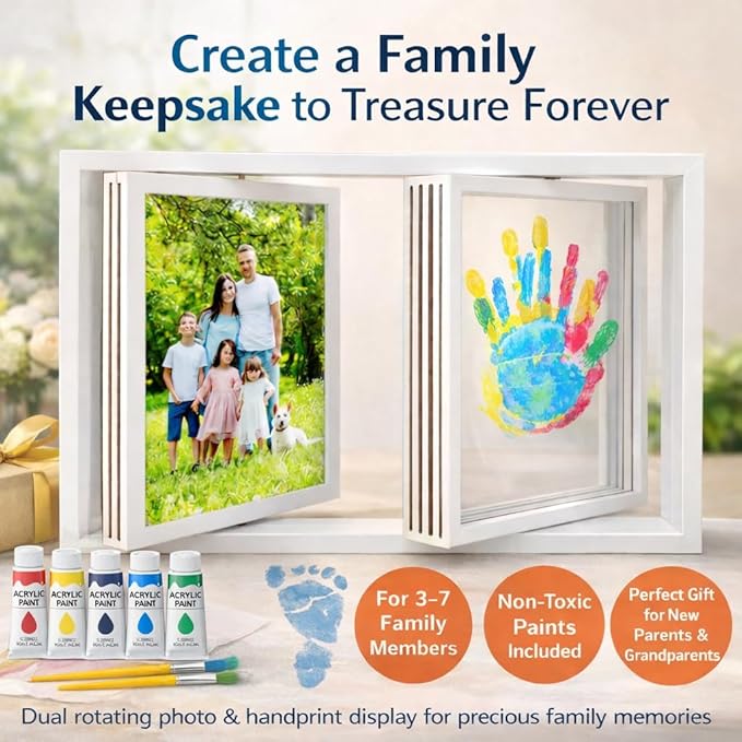 Family Handprint Frame Kit, Dual Rotating Photo & Handprint Display, DIY Keepsake Craft with Wooden Frame, Non-Toxic Paints, Baby Hand & Footprint Kit, Gift for Grandparents & New Parents (White)