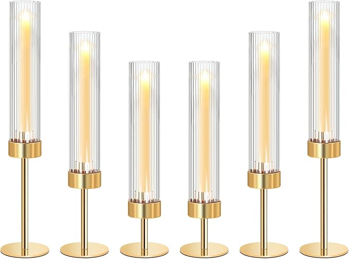 Metal & Acrylic Taper Candle Holders with Ribbed Design - Hurricane Clear Cylinder Candelabra for Wedding, Christmas, Party, Dining Table Centerpiece Decor (Gold, Set of 6)