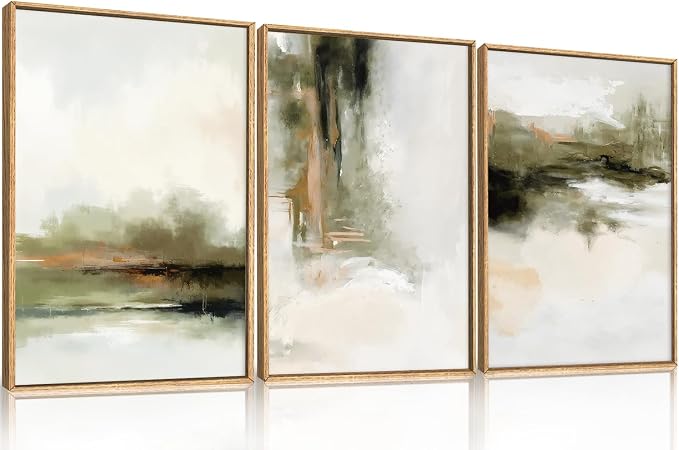 KAIRNE Green Abstract Neutral Framed Canvas Wall Art Set,Modern Watercolor Shapes Wall Decor,Minimalist Pastel Art Prints,Brown Gray Tan Artwork for Living Room,Bedroom,Farmhouse,Office-16 x24 x3