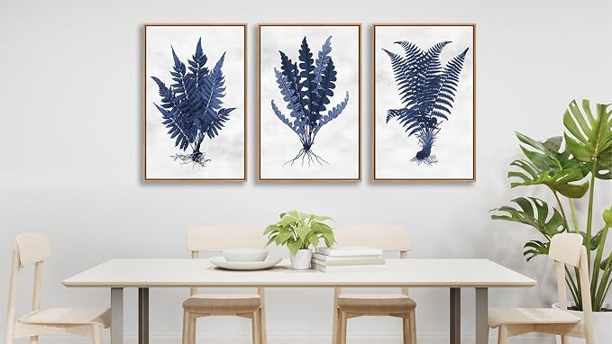 Large Botanical Wall Art for Living Room Natural Wood Float Framed Art Set of 3 Plant Pictures Boho Artwork Navy Blue Grass Canvas Prints for Bedroom Kitchen Home Office Wall Decor 32"X48"X3