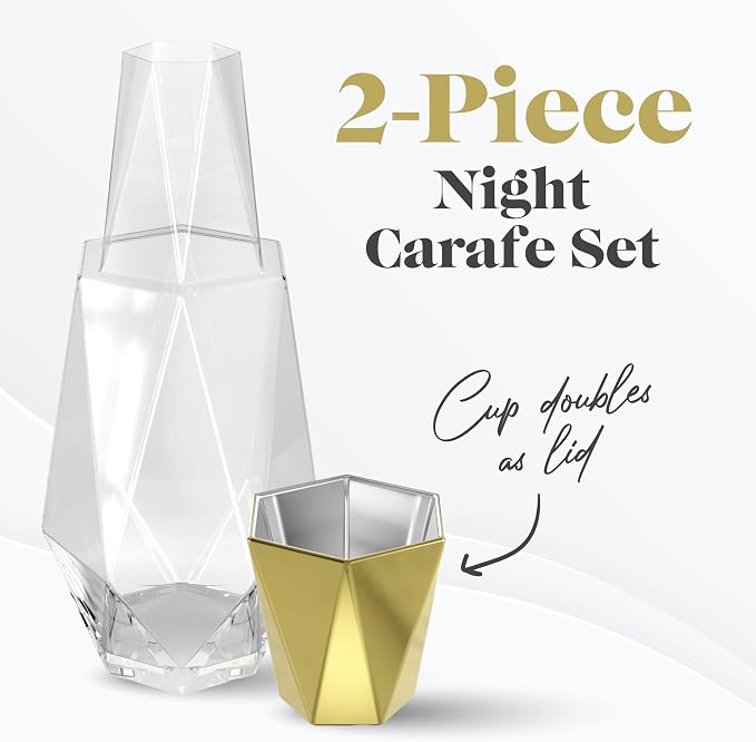 American Atelier 37 oz Fifth Avenue Modern Geometric Bedside Water Carafe with Tumbler Lid – 9" Glass Pitcher with Gold Accent for Nightstand, Guest Room & Office Drinkware (Gold)