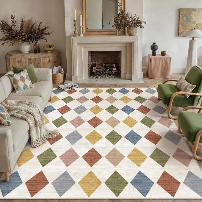 PureCozy Machine Washable 6x9 Area Rugs for Kids Room Modern Soft Colorful Checkered Rug Non-Slip Low Pile Accent Indoor Office Carpet for Nursery Bedroom Living Dining Classroom