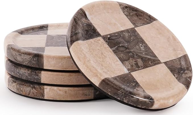 Marble Coasters Set of 4, Oceanic & Verona Handmade 4 inch Round Stone Coaster, Decorative Cup Coaster Plates for Dining Table, Housewarming Gift & Luxury Kitchen Accessories