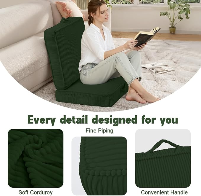 Floor Pillow for Adults Set of 2, 4" Square Floor Cushions with Washable Cover, Large Corduroy Meditation Pillow, 24 inches Tatami Seat with Handle for Living Room or Yoga, Green