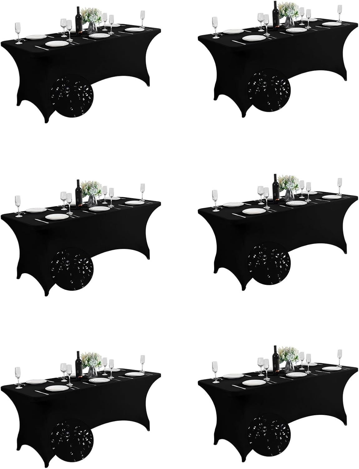 SuperO 6Pack Waterproof Spandex Table Cover for 6FT Table Universal Fitted Stretch Tablecloth for Party, Banquet, Wedding and Events-Black