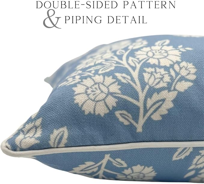 Jillien Harbor "The Hazel Bright Blue White Floral Pillow Cover Grandmillennial Home Decor Blockprint Pillow Cover 20" x 20"