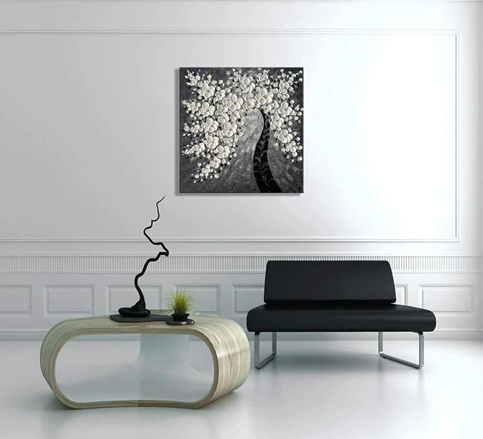 zoinart Hand Paintings 3D Floral Canvas Wall Art 24x24 Inches Abstract Floral Paintings Modern Contemporary Texture Wall Art Tree Black and White Artwork for Home Decorations