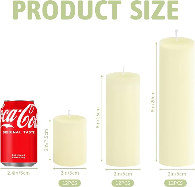 36 Pack Ivory Pillar Candles Bulk Set, 2x3 2x6 2x8 Inch - 12 Each Size, Dripless Smokeless Clean Burning for Wedding Centerpieces, Home Decor, Church, Romantic Ambiance！