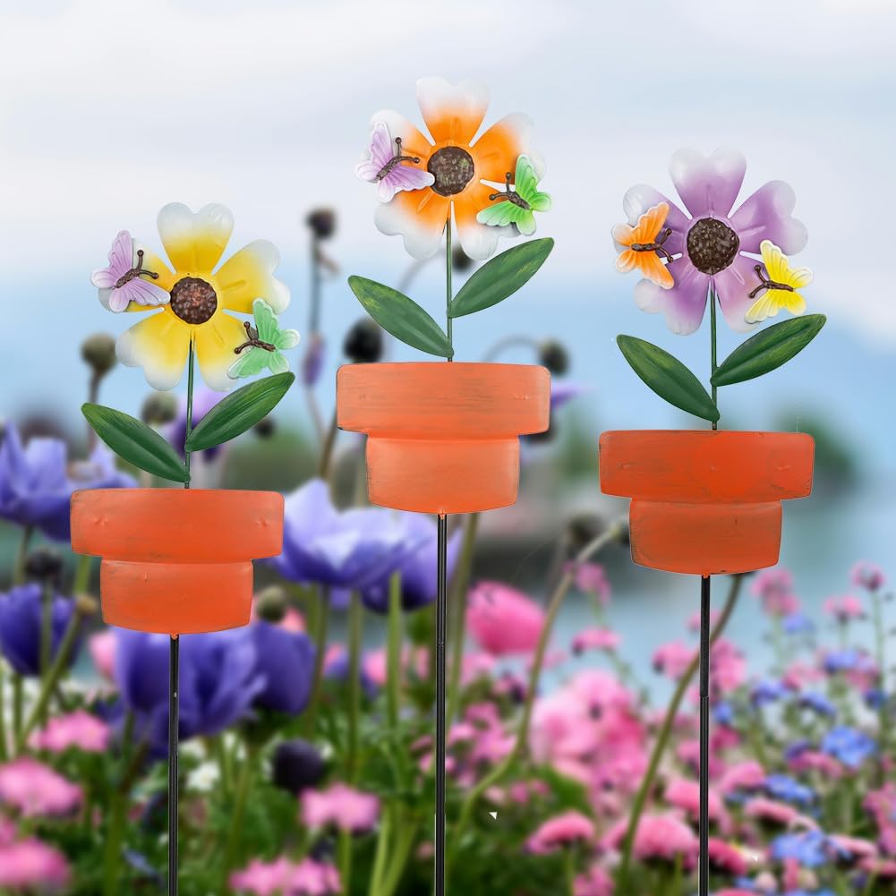 Metal Garden Stakes Decor,3 Pack Flowers Pot Decorative Garden Stakes, Waterproof Spring Outdoor Decor,Metal Flowers Garden Decor for Outside,Lawn,Yard,Pathway