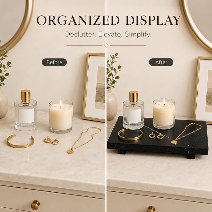 Black Marble Large Pedestal Tray for 13.8 in | Vanity Tray for Perfume, Jewelry, Keys and Candles, Catchall Tray for Bathroom Counter, Dresser and Entryway Decor