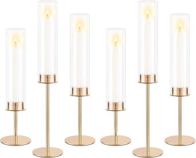 POKINE Gold Candle Holders Set of 6 for Glass Taper Candle Holders,Hurricane Candlestick Holder for Home Decor, Wedding, Dinning, Party Decorative, Anniversary (6,Gold)