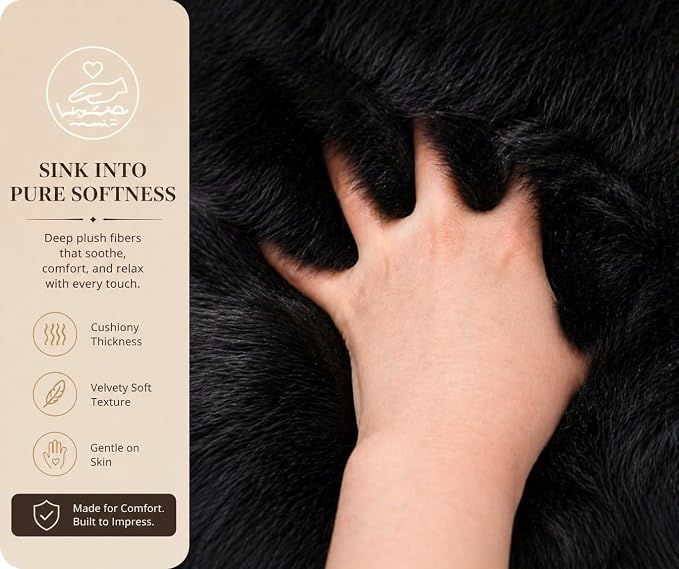 Woolous Black Sheepskin Rug Genuine New Zealand Lambskin Single Pelt 2x3 ft | Real New Zealand lambskin wool with soft fluffy texture. Use as sheep skin rug, chair throw, sofa cover or bedroom decor.