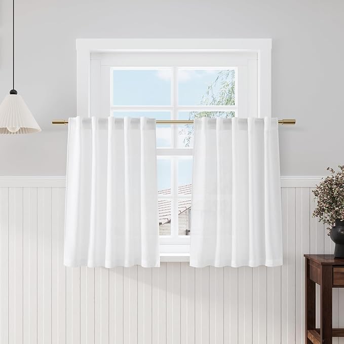 Nanspring White Linen Curtains 40 Inch Length for Kitchen Small Window Semi Sheer Curtain with Back Tab and Rod Pocket Light Filtering Front Door Drapes for Cafe Bedroom 2 Panels Set 34 X 40 Inch