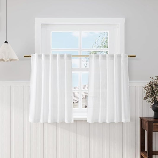 Nanspring Kitchen Curtains Linen 36 Inch Length for Kitchen White Kitchen Window Curtains Over Sink Modern Farmhouse Curtain for Cafe Bathroom Small Window Back Tab and Rod Pocket 34 x 36, 2 Panels