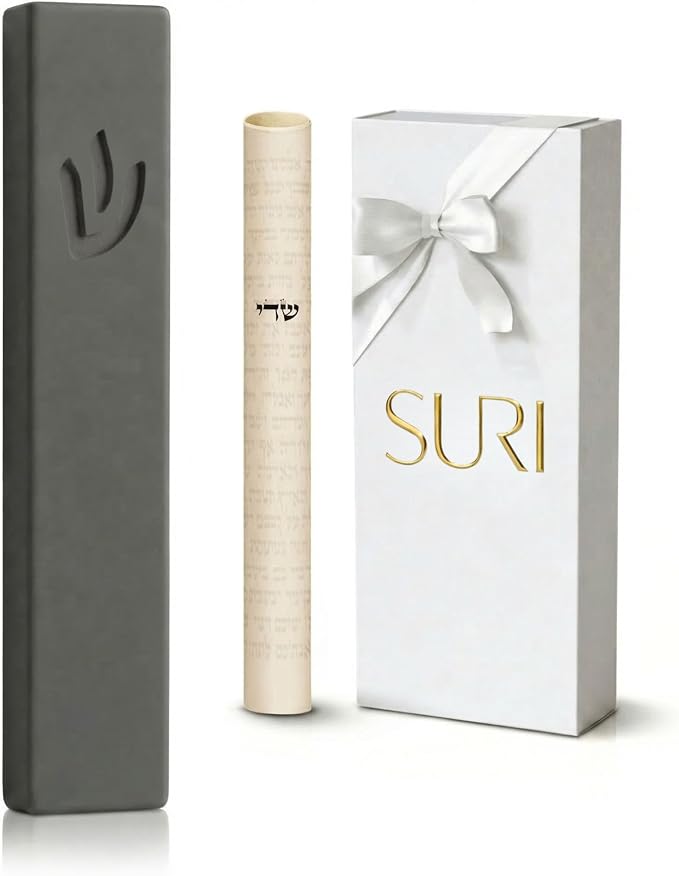 SURI Mezuzah – 5 Inch Gray Concrete Door Mezuza Case with Non Kosher Scroll, Judaica Contemporary Style, Fits a 4 Inch Mezuzah Scroll, Gift Box Included