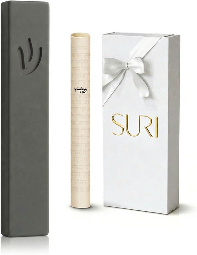 SURI Mezuzah for Door – 6 Inch Dark Gray Concrete Mezuzah Case with Printed Scroll, Self-Stick Jewish Entry Design, Fits a 5 Inch Scroll, Gift Box Included