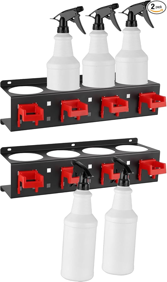 MOLIGOU 2 Pcs Spray Bottle Holder Wall Mount, Detailing Bottle Organizer, Spray Bottle Rack with 4 Holes and 4 Hooks
