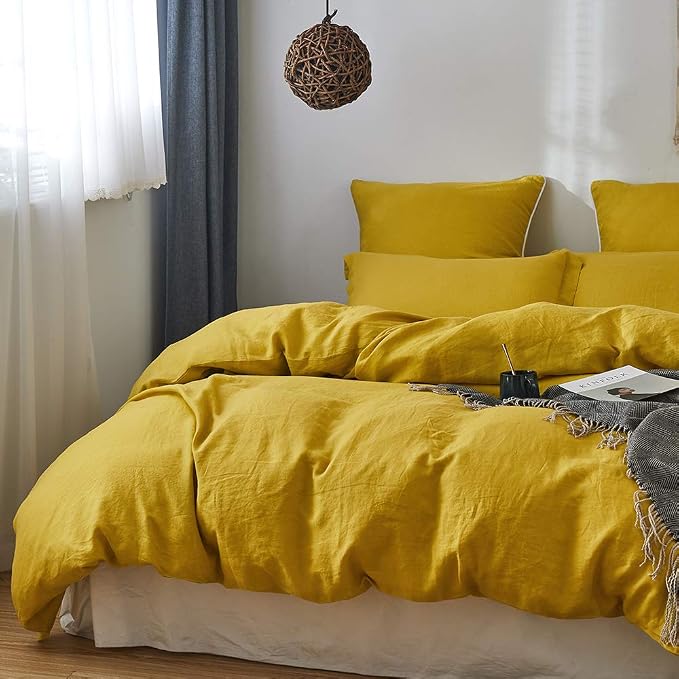 Simple&Opulence 100% Linen Duvet Cover Set 3pcs Basic Style Natural French Washed Flax Solid Color Soft Breathable Farmhouse Bedding with Button Closure - Mustard Yellow, Queen