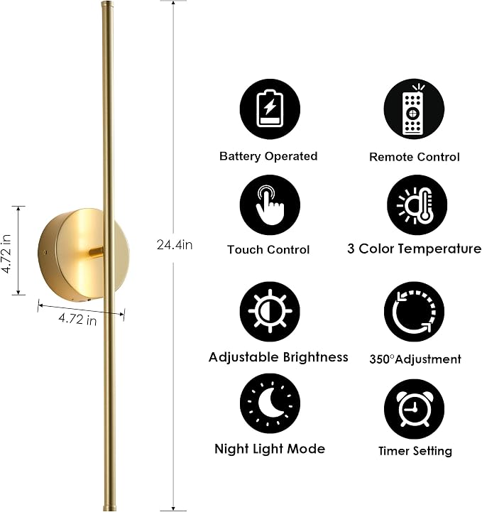 KARTOOSH Removable Battery Operated Wall Sconces with Remote Control 350°Rotate LED Wireless Wall Lights with 3 Color Temperatures & Dimming for Bedroom, Hallway,24.4 Inch (2 Pack)