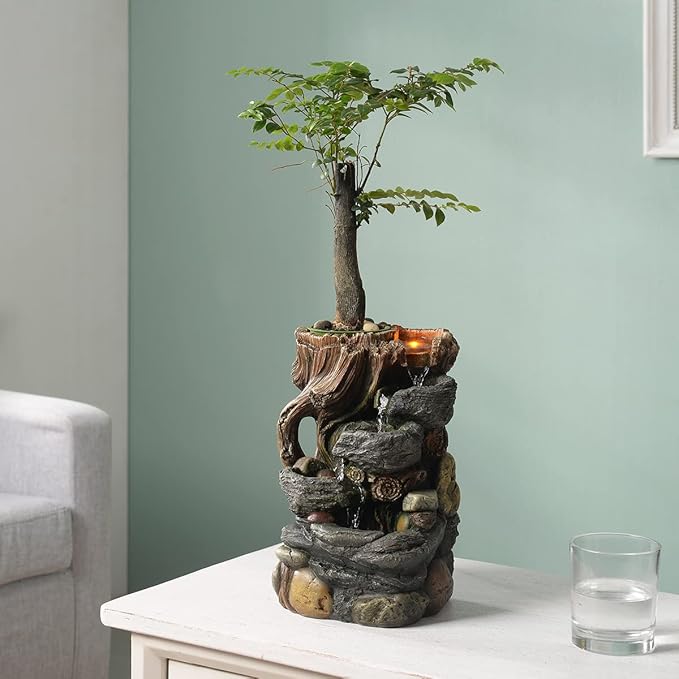 GOSSI Indoor 5-Tier Rockery Tabletop Waterfall Fountain with Auto Watering and Small Plastic Plant Pot, Decorative Home Water Fountain (22021)