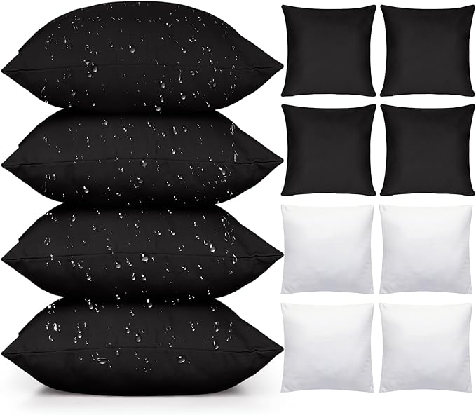 Colingmill 4 Set Waterproof Black Outdoor Throw Pillow Covers with 4 Pillow Inserts 18x18 Inch Decorative Waterproof Throw Cushion for Sofa Couch Home Patio