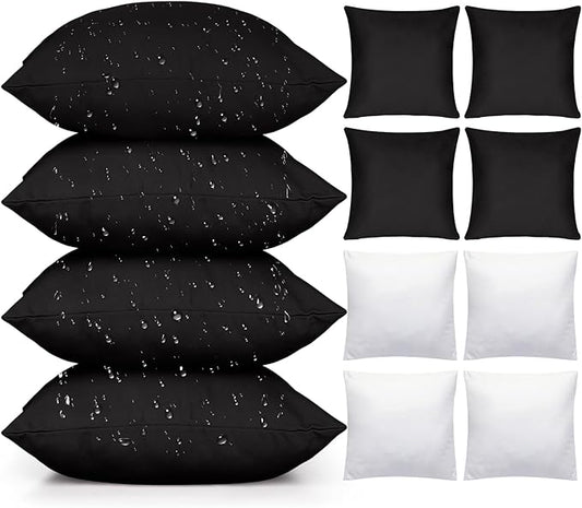 Colingmill 4 Set Waterproof Black Outdoor Throw Pillow Covers with 4 Pillow Inserts 18x18 Inch Decorative Waterproof Throw Cushion for Sofa Couch Home Patio