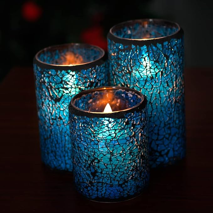 TELOSMA LED Mosaic Flameless Candle, Blue Cracked Glass Pattern Flikering Wick Pillar Candle - Wedding Table Centerpieces Fireplace Decor - Set of 3