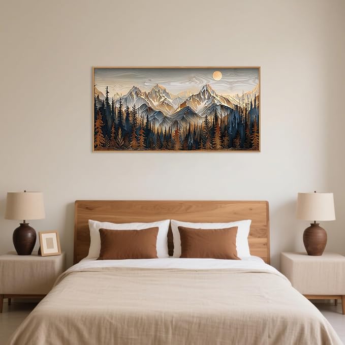Mountain Wood Framed Canvas Wall Art Set,Rustic Pine Trees Wall Painting,Boho Ridge Scenery Wall Decor,Natural Sun Landscape Art Print for Living Room,Bedroom,Dining Room,Office-20 x40 x1