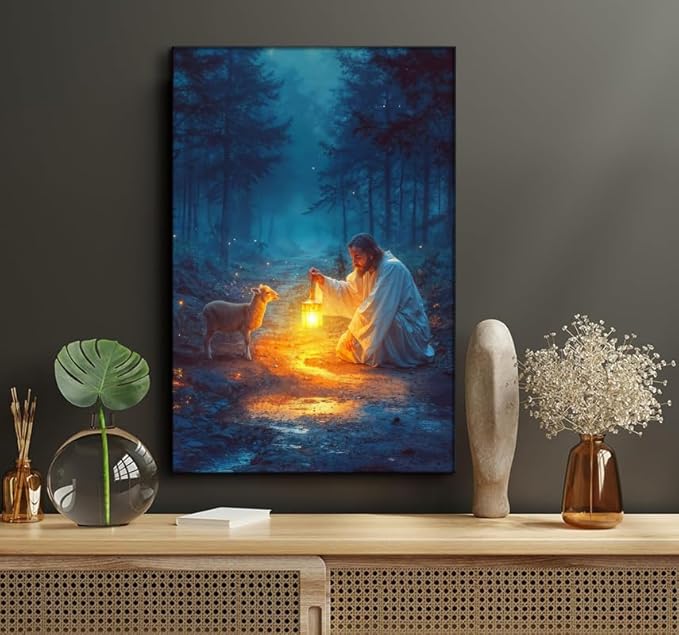 Ploceiny Christian gifts for women Religious wall art decorations for prayer room Jesus Running After Lost Lamb Picture Jesus and lamb canvas posters for home decor A-391 (16"X24")