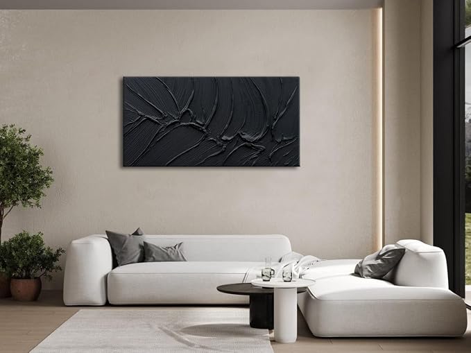 zoinart Hand Painted Thick Texture Black Minimalist Oil Painting Modern Contemporary Art 24x48 Inches Oil on Canvas Abstract Black Textured Wall Art Home Decoration