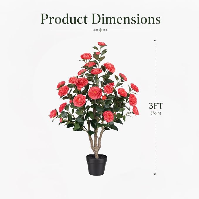 2 Pack 3FT Artificial Camellia Tree with Pink Flowers, UV Resistant Extra Lush Faux Potted Flowering Plant for Indoor Outdoor Front Porch Patio Home Office Decor, 36 Inch Tall Fake Tree