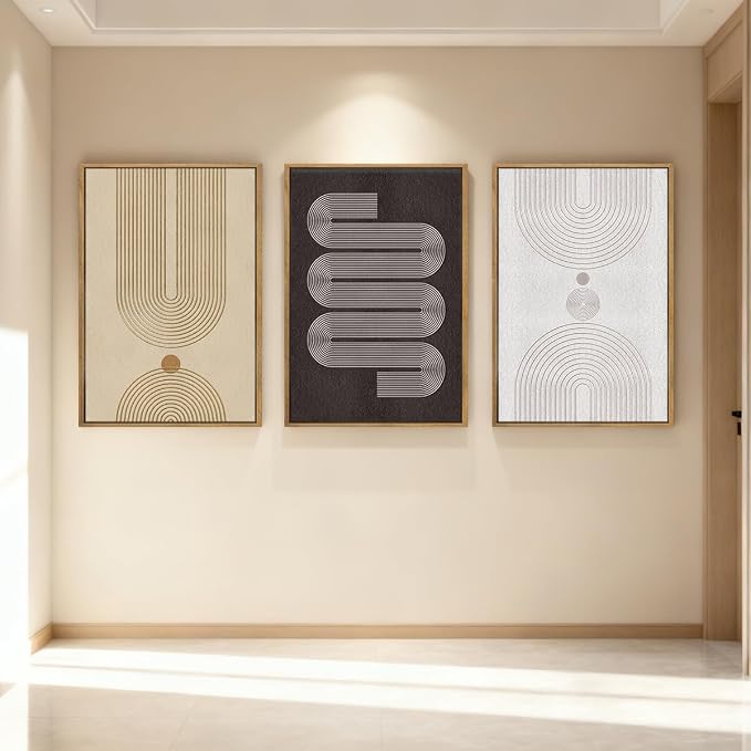 Anyzal Extra Large Modern Neutral Framed Wall Art 24x36 Inch Black Abstract Canvas Wall Decor Beige Boho Geometric Artwork for Living Room Bedroom Dining Room Set of 3