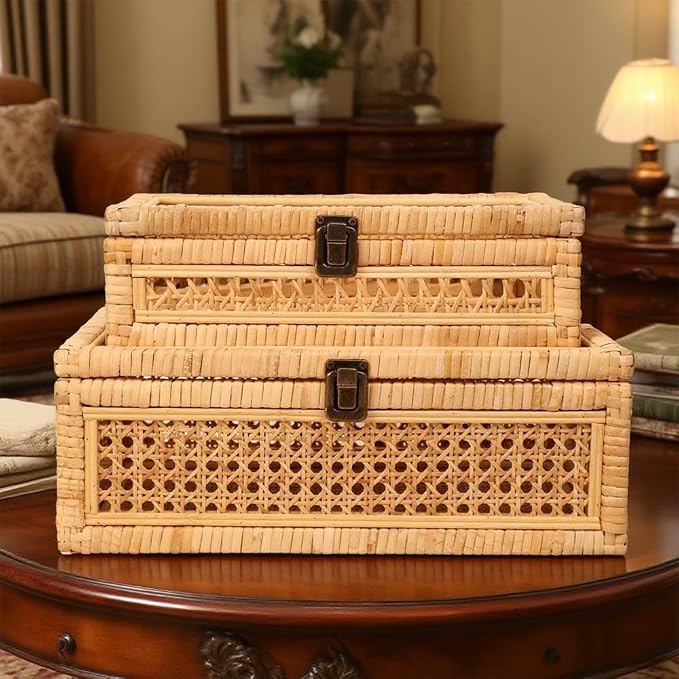 Extra Large Rattan Decorative Box With Lid, Glass Display, Wooden frame，Large size and Rectangular, Set of 2 Woven Decorative Boxes