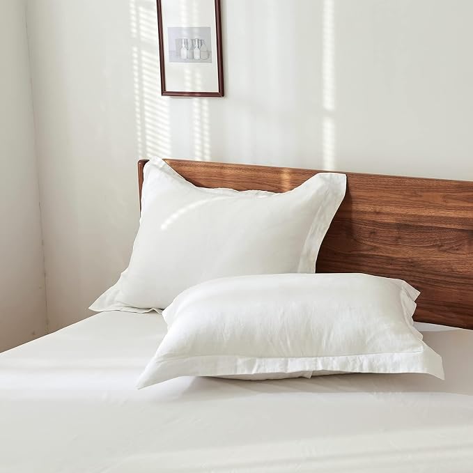 100% French Linen Pillow Shams Basic Style - Pack of 2 - Washed Solid Color Natural Flax Soft Breathable - White, 20'' x 26''