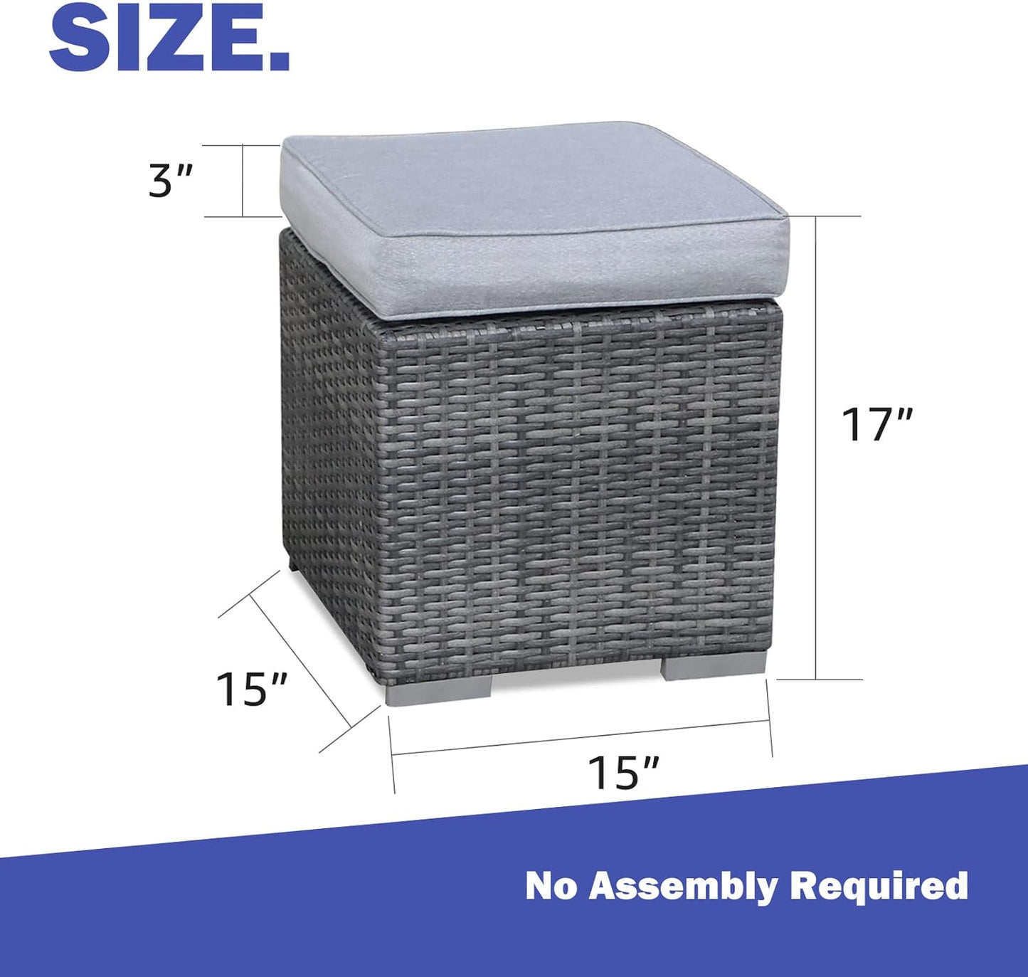 Patiorama 2 Pieces Assembled Outdoor Patio Ottoman, Indoor Outdoor All-Weather Grey Wicker Rattan Outdoor Footstool Footrest Seat with Light Grey Cushions, No Assembly Required