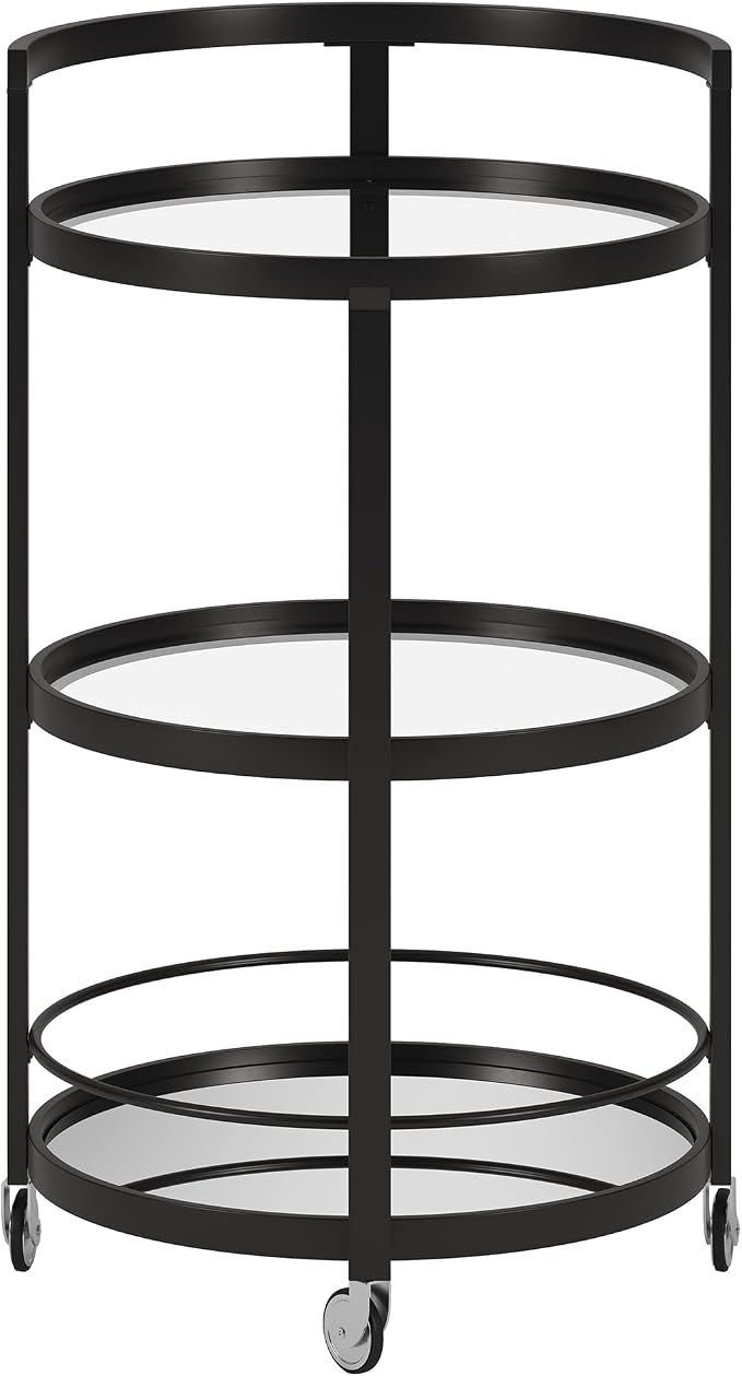 Henn&Hart 21" Modern Round 3-Tier Portable Bar Cart Home Bar Serving Cart for Home with Glass Shelves, Handle, and Caster Wheels for Dining Room, Living Room, or Kitchen, Black