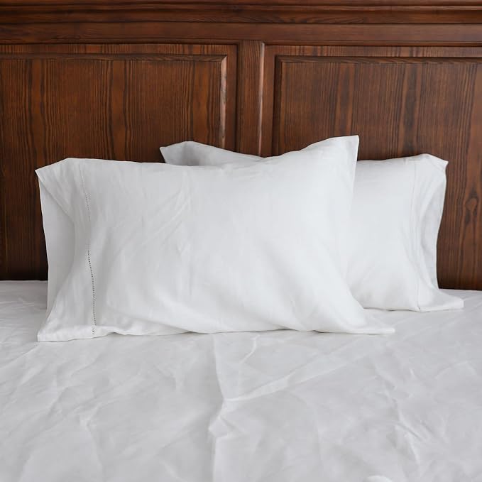 Simple&Opulence 100% Linen Pillowcase with Hand Drawing Hemstitch Pillow Cover Queen Size Set of 2 Soft and Durable (White, 20''x30'')