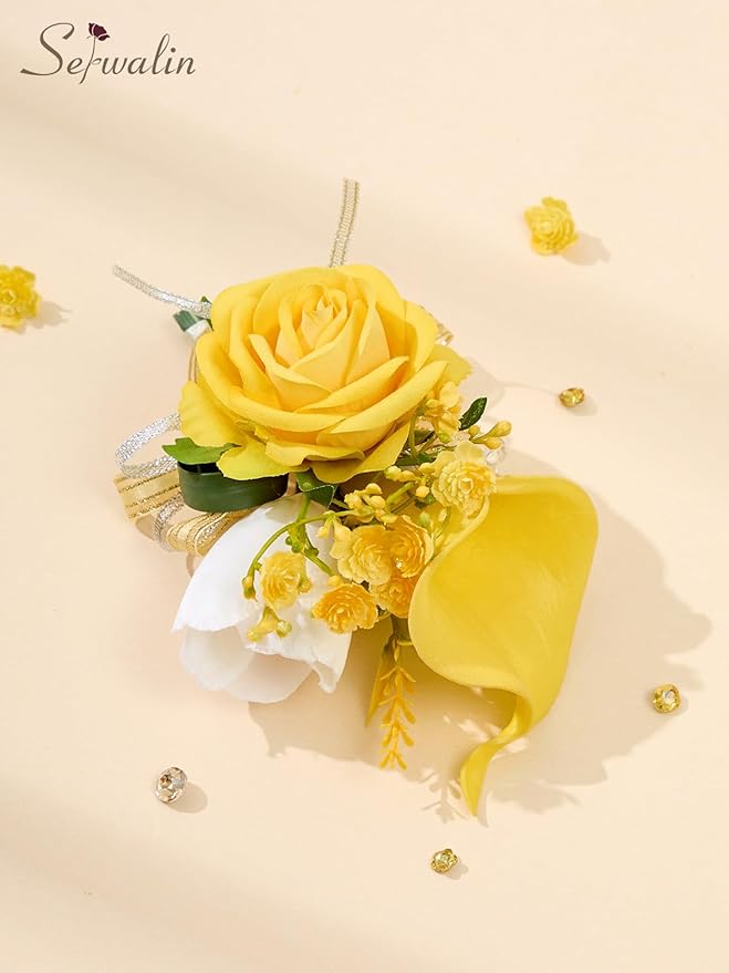Serwalin Yellow Prom Corsage and Boutonniere Set, Artificial Calla Lily & Rose Wrist Corsage Wristlet for Homecoming, Formal Dance, Wedding Flowers Accessories Party Suit Decorations