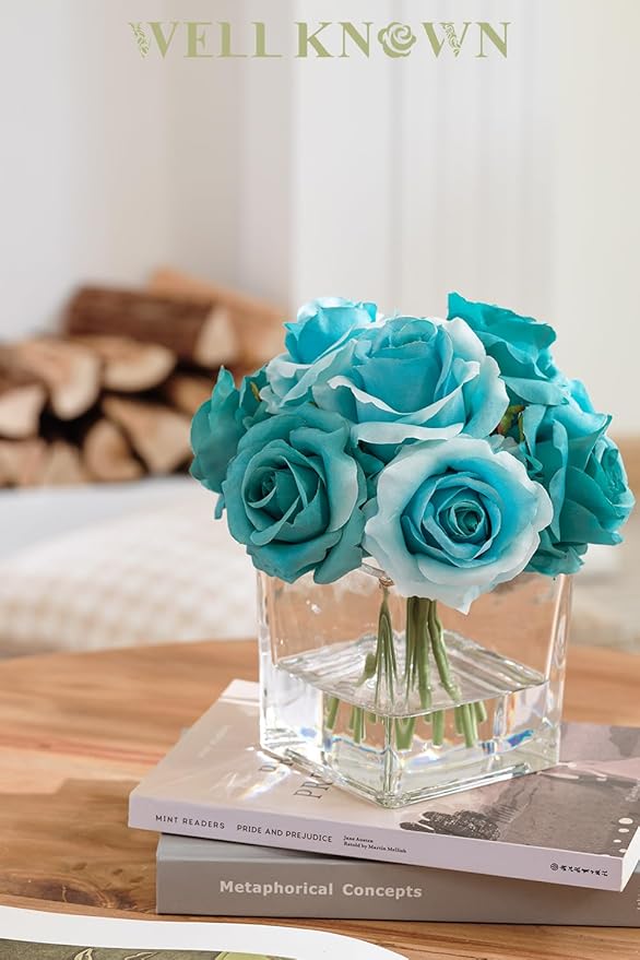 WELL KNOWN Rose Artificial Flowers in Vase with Faux Water, Silk Rose Table Centerpieces for Home Coffee Table Decor, Fake Roses Flower Arrangements for Office Hotel Lavatory Decor (Teal Blue)