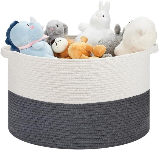 Ravinte Large Storage - 22"x 22"x 14" Blanket Basket for Living Room, Baby Toy Storage, Cotton Rope Woven Laundry (White-Gray)