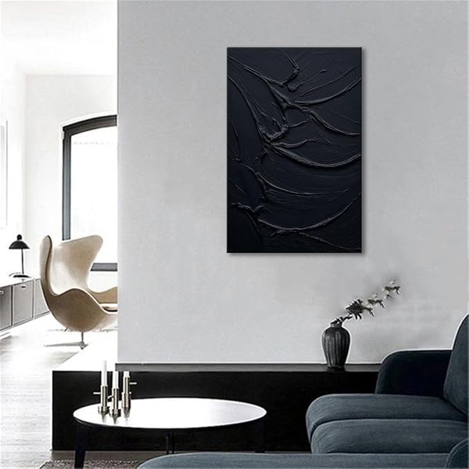 zoinart Hand Painted Thick Texture Black Minimalist Vertical Wall Art 24x36 Inches Black Oil Painting Contemporary Art Oil on Canvas Home Office Corridor Wall Art