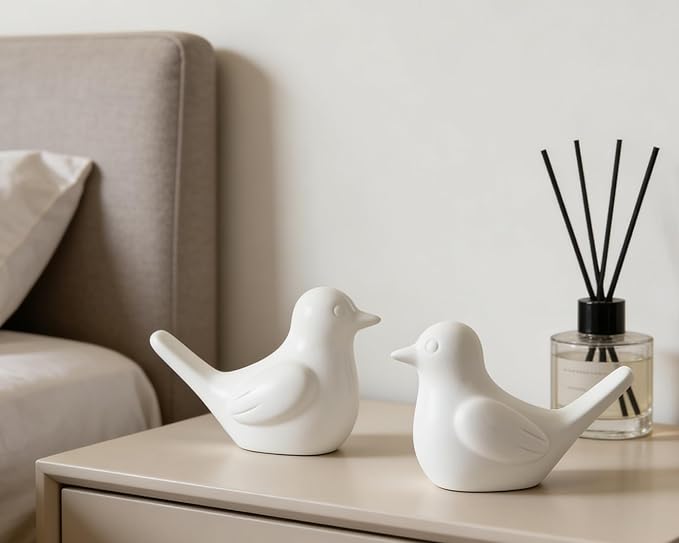 Small White Bird Statue Ceramic 2-Piece Set, 3¾ inch Cute Knick Knack for Home Office Shelf Desk Decor
