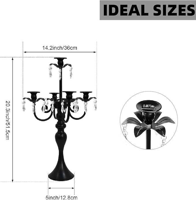 2Pcs Candelabras Centerpieces for Tables, 20" Tall Candlestick Holder for Taper Candles, 5 Arm Crystal Candelabra Candle Holder for Wedding Centerpiece Decor Party Event Reception Decoration (Black)
