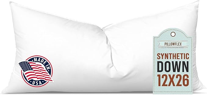 Pillowflex Synthetic Down Pillow Insert - 12x26 Down Alternative Pillow, Ultra Soft, Large Rectangle, Lumbar, Travel, Neck, Sleeping Pillow - 1 Decorative Pillow Form