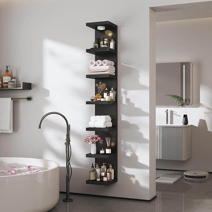 7-Tier Vertical Wall Shelf Unit with USB Rechargeable Led Light (Remote Controlled),Versatile Floating Display Shelves,Lack Style Wall Shelves for Bedroom,Living Room,Office Decor,Vanity-Black