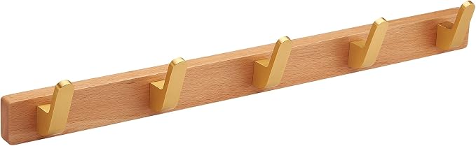 Coat Rack Wall Mounted,Beech Wood Heavy Duty Wall Hooks, Metal Coat Hook Rail with 5 Hooks for Hanging Coats, Backpacks, Dog Leashes, Entryway, Bathroom, Bedroom, Closet Room
