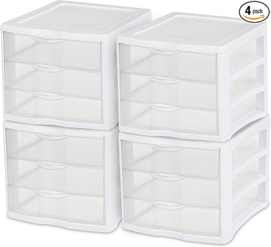 STERILITE 3 Drawer Desktop Storage Unit, Tabletop Organizer for Desk, Countertop at Home, Office, Bathroom, White with Clear Drawers, (Pack of 4)