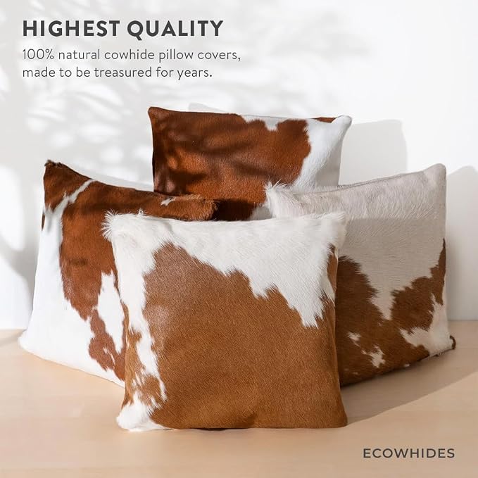 ecowhides 100% Genuine Brazilian Cowhide Pillow Cover – Brown and White – Double-Sided – Luxury Leather Decorative Cushion for Rustic & Western Home Décor – 20” x 20”