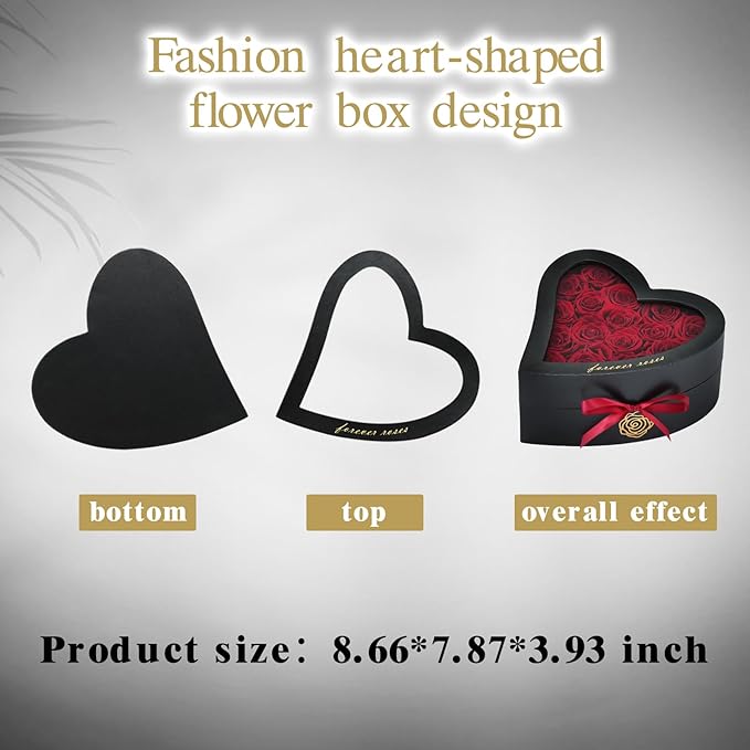 HERBMOTG 16 Forever Real Roses in Heart-Shaped Box with a Curved Design, Grade A Quality-Preserved Roses for Birthday, Mothers Day & Valentines Day (Wine)
