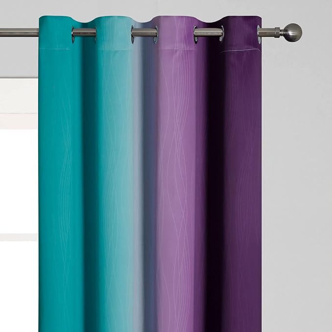 Estelar Textiler Ombre Teal and Purple Blackout Curtains 72 Inch Length 2 panels, Grommet Thermal Insulated Gradient Drapes for Kids Room, Full Light Blocking Blackout Curtains for Bedroom, 52x72 Inch